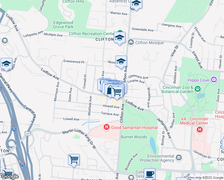 map of restaurants, bars, coffee shops, grocery stores, and more near 3408 Telford Street in Cincinnati