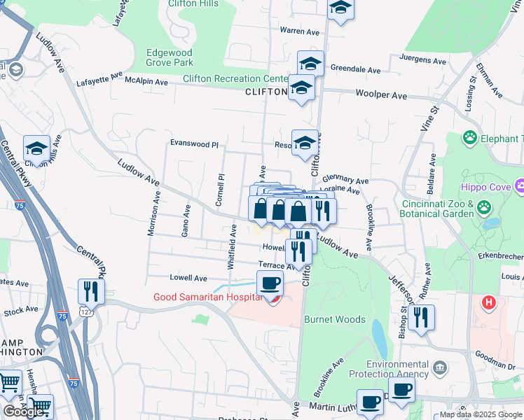 map of restaurants, bars, coffee shops, grocery stores, and more near 364 Ludlow Avenue in Cincinnati