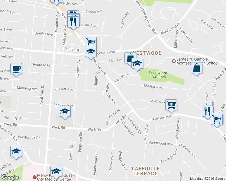 map of restaurants, bars, coffee shops, grocery stores, and more near 2880 Ratterman Avenue in Cincinnati