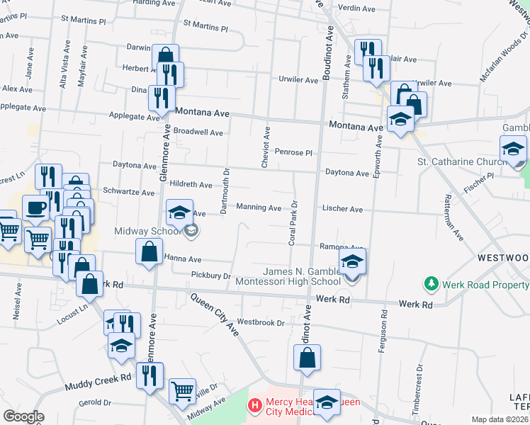 map of restaurants, bars, coffee shops, grocery stores, and more near 3141 Manning Avenue in Cincinnati