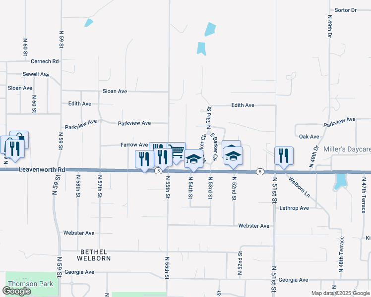 map of restaurants, bars, coffee shops, grocery stores, and more near 3125 North 54th Street in Kansas City
