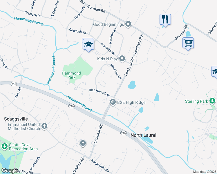 map of restaurants, bars, coffee shops, grocery stores, and more near 8346 Sperry Court in Laurel