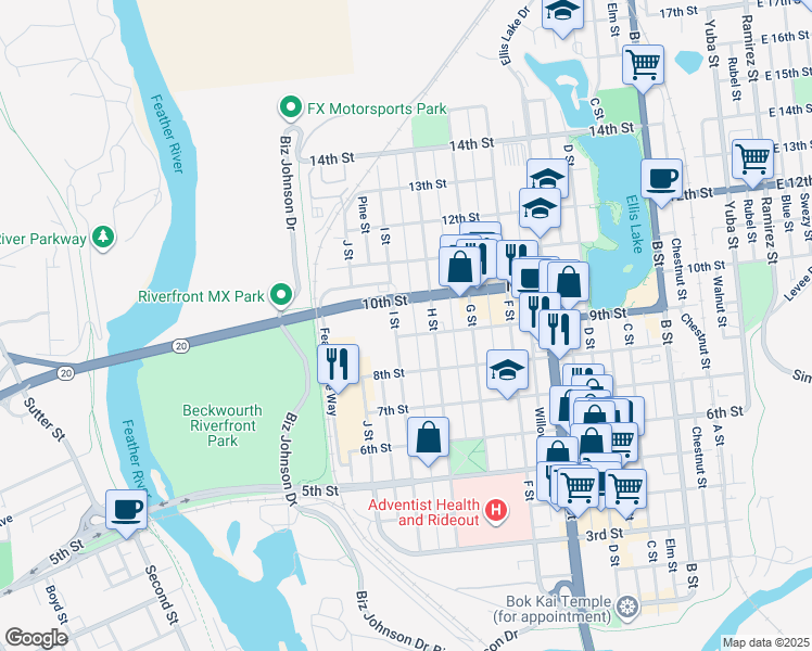 map of restaurants, bars, coffee shops, grocery stores, and more near 858 I Street in Marysville