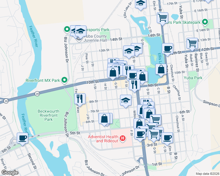 map of restaurants, bars, coffee shops, grocery stores, and more near 820 G Street in Marysville