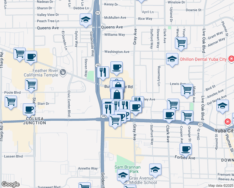 map of restaurants, bars, coffee shops, grocery stores, and more near 1199 Colusa Avenue in Yuba City