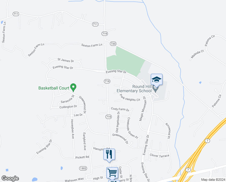 map of restaurants, bars, coffee shops, grocery stores, and more near 35738 Montrose Court in Round Hill