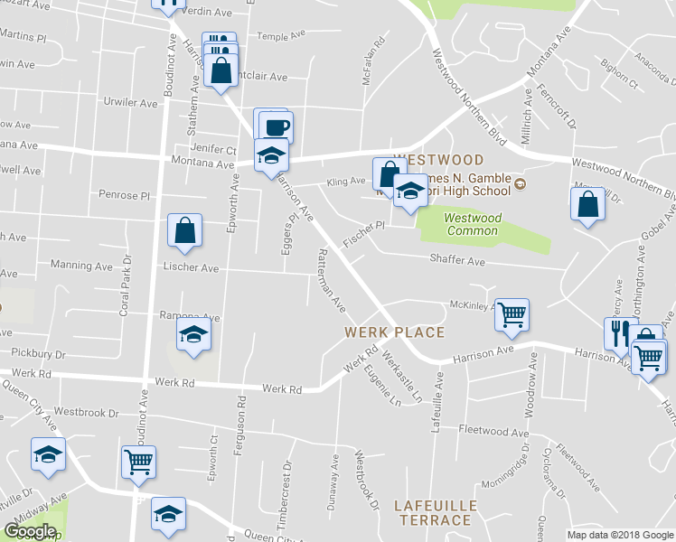 map of restaurants, bars, coffee shops, grocery stores, and more near 2883 Harrison Avenue in Cincinnati