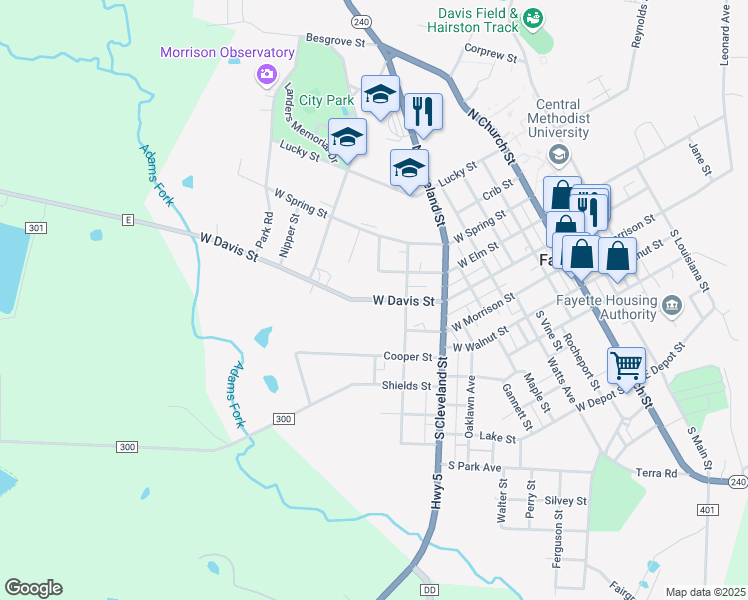 map of restaurants, bars, coffee shops, grocery stores, and more near West Davis Street in Fayette