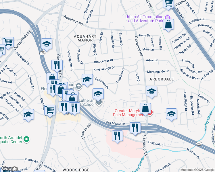 map of restaurants, bars, coffee shops, grocery stores, and more near 1229 Crawford Drive in Glen Burnie
