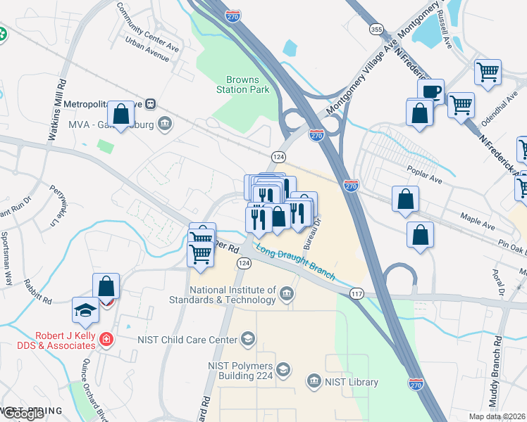map of restaurants, bars, coffee shops, grocery stores, and more near 505 Quince Orchard Road in Gaithersburg