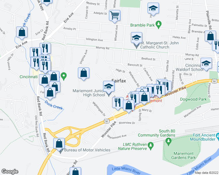 map of restaurants, bars, coffee shops, grocery stores, and more near 3846 Southern Avenue in Cincinnati
