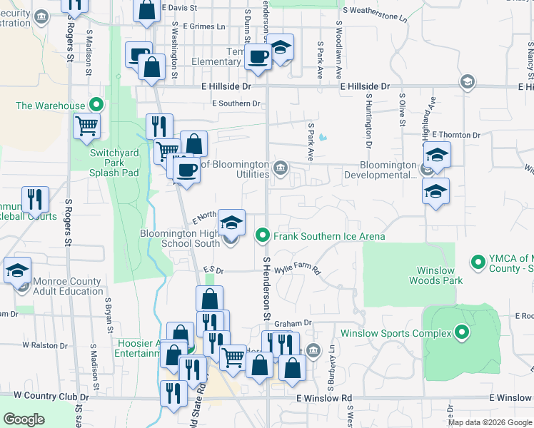 map of restaurants, bars, coffee shops, grocery stores, and more near in Bloomington