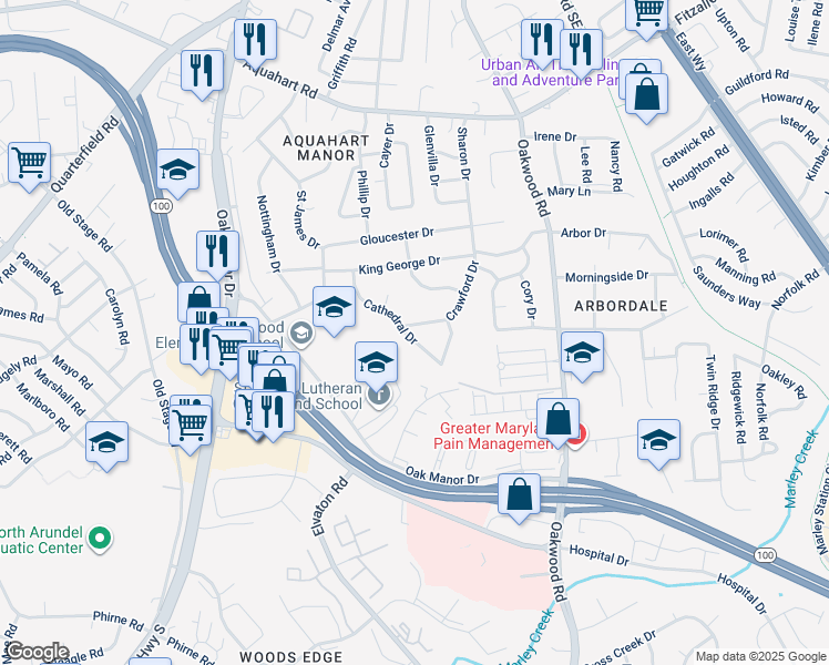 map of restaurants, bars, coffee shops, grocery stores, and more near 1229 Crawford Drive in Glen Burnie