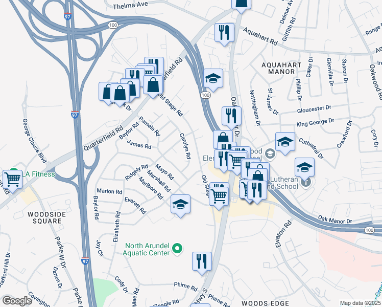 map of restaurants, bars, coffee shops, grocery stores, and more near 615 Carolyn Road in Glen Burnie