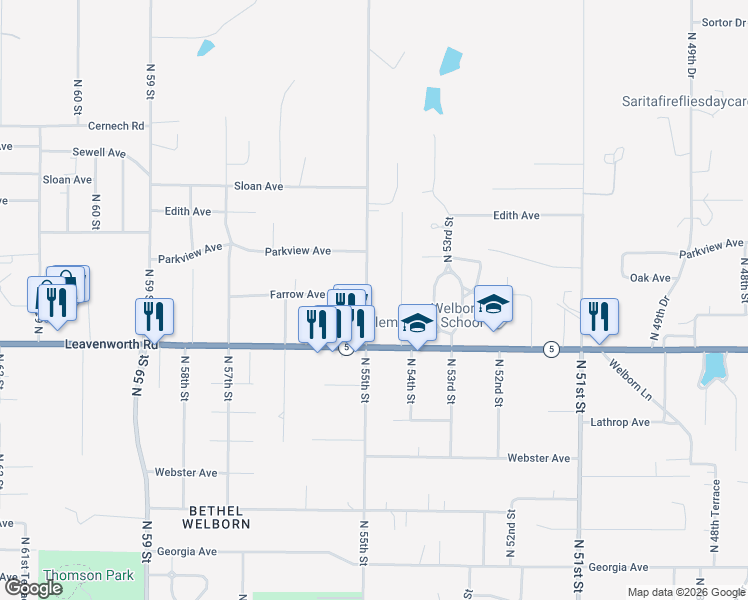 map of restaurants, bars, coffee shops, grocery stores, and more near 3141 North 55th Street in Kansas City