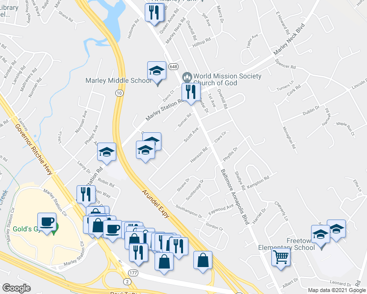 map of restaurants, bars, coffee shops, grocery stores, and more near 101 Scott Avenue in Glen Burnie