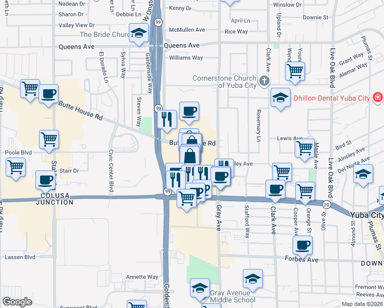 map of restaurants, bars, coffee shops, grocery stores, and more near 1199 Colusa Avenue in Yuba City