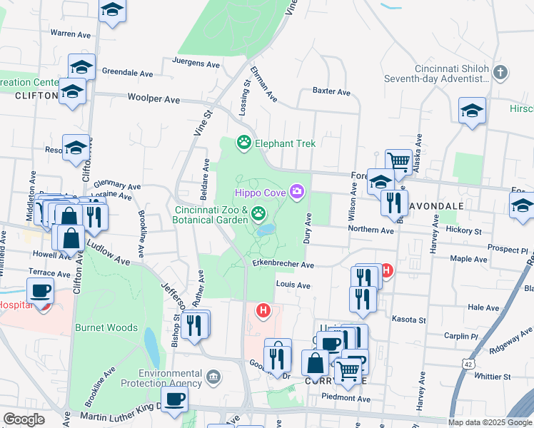 map of restaurants, bars, coffee shops, grocery stores, and more near 3442 Vine Street in Cincinnati