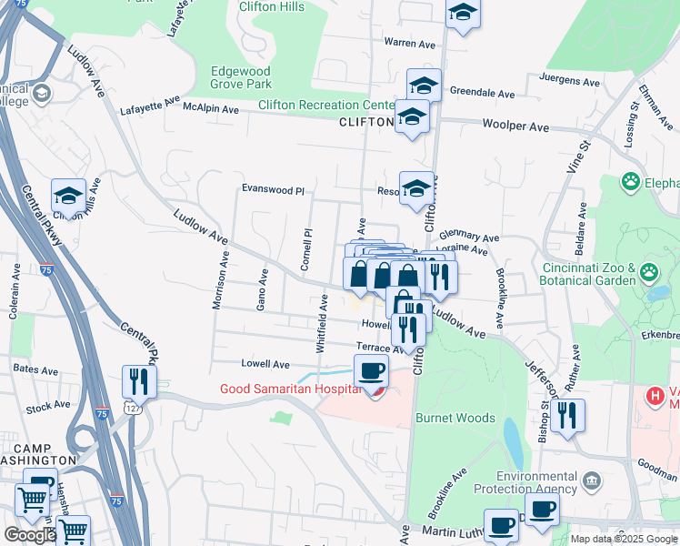 map of restaurants, bars, coffee shops, grocery stores, and more near 423 Ludlow Avenue in Cincinnati