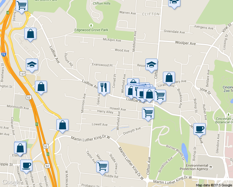 map of restaurants, bars, coffee shops, grocery stores, and more near 451 Ludlow Avenue in Cincinnati