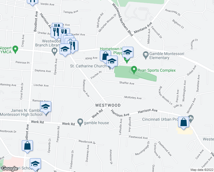 map of restaurants, bars, coffee shops, grocery stores, and more near 2760 McKinley Avenue in Cincinnati