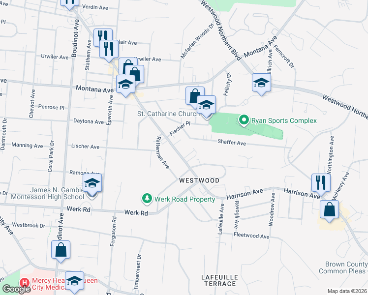 map of restaurants, bars, coffee shops, grocery stores, and more near 2859 Harrison Avenue in Cincinnati