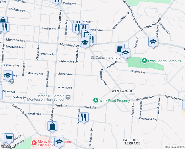 map of restaurants, bars, coffee shops, grocery stores, and more near 2885 Dirheim Avenue in Cincinnati
