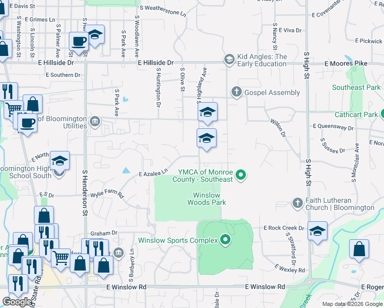 map of restaurants, bars, coffee shops, grocery stores, and more near 1915 South Highland Avenue in Bloomington
