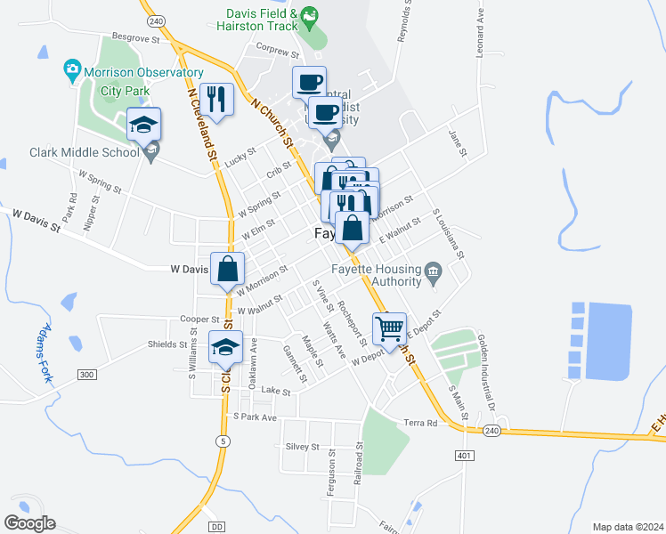 map of restaurants, bars, coffee shops, grocery stores, and more near 200 West Hackberry Street in Fayette