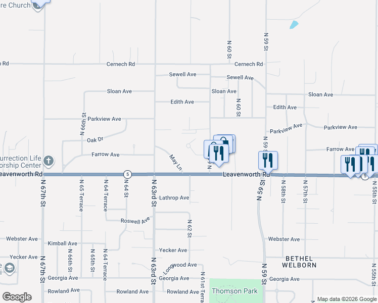 map of restaurants, bars, coffee shops, grocery stores, and more near 6213 May Lane in Kansas City
