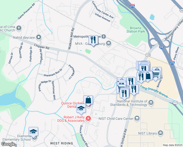 map of restaurants, bars, coffee shops, grocery stores, and more near 204 12 Oaks Drive in Gaithersburg
