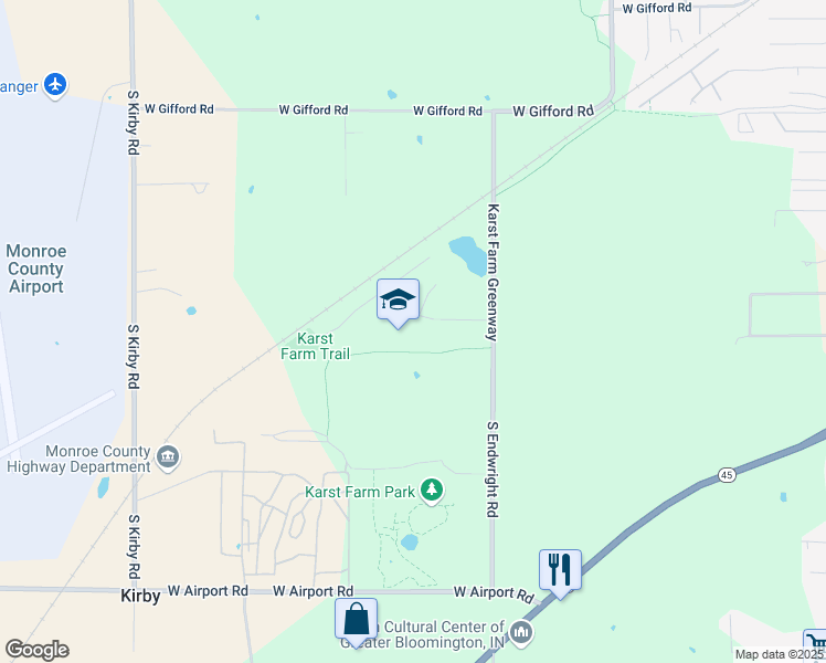 map of restaurants, bars, coffee shops, grocery stores, and more near 2300 South Endwright Road in Bloomington