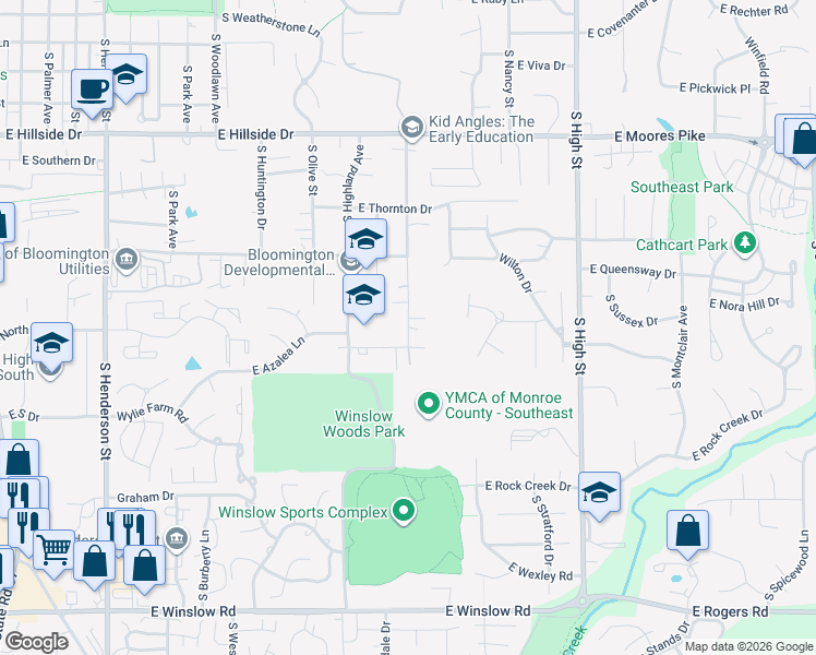 map of restaurants, bars, coffee shops, grocery stores, and more near 1879 South Maxwell Street in Bloomington