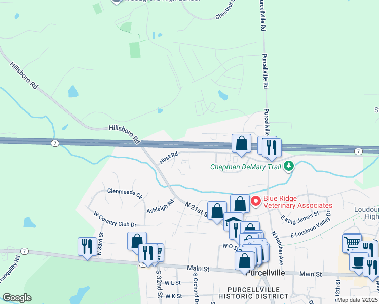 map of restaurants, bars, coffee shops, grocery stores, and more near 401 Browning Court in Purcellville