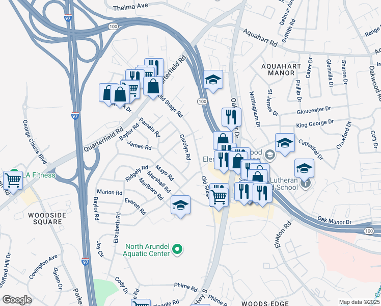 map of restaurants, bars, coffee shops, grocery stores, and more near 615 Carolyn Road in Glen Burnie