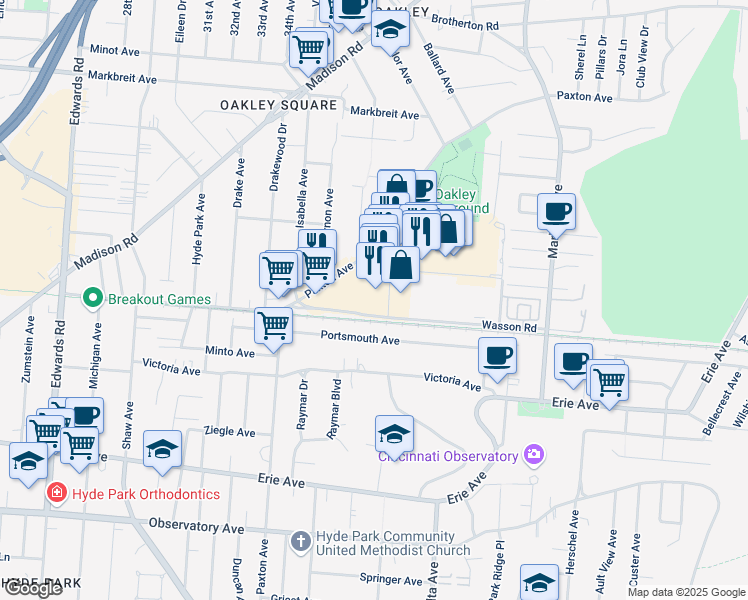 map of restaurants, bars, coffee shops, grocery stores, and more near 3760 Paxton Avenue in Cincinnati