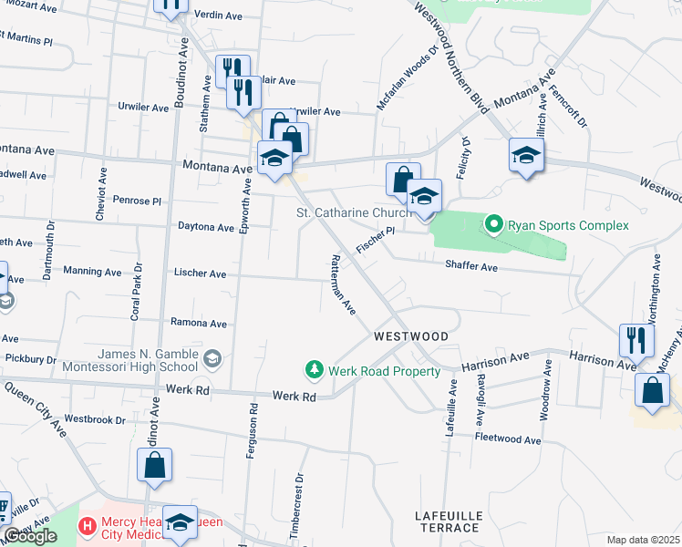 map of restaurants, bars, coffee shops, grocery stores, and more near 2880 Ratterman Avenue in Cincinnati
