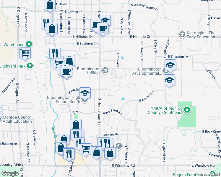 map of restaurants, bars, coffee shops, grocery stores, and more near 646 East Ridge Crest Court in Bloomington