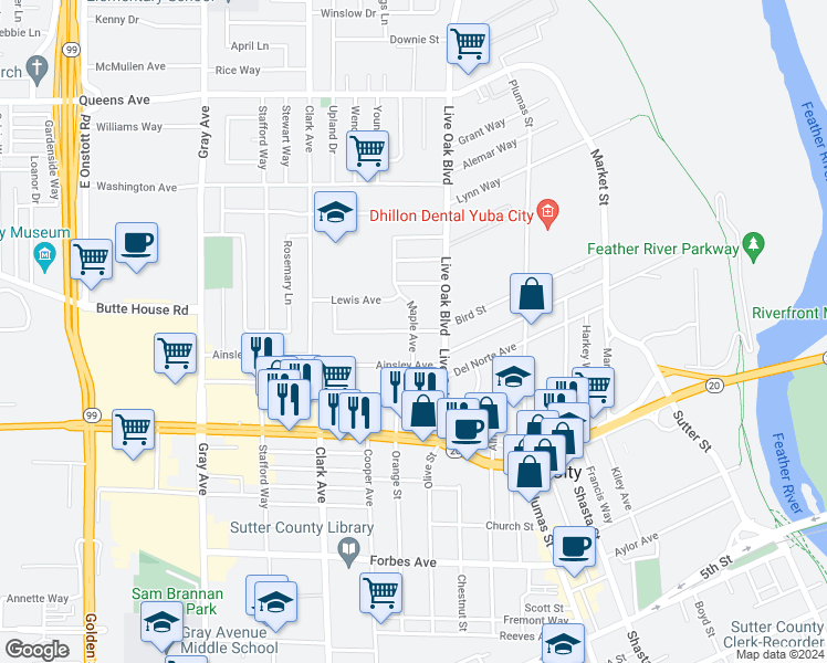 map of restaurants, bars, coffee shops, grocery stores, and more near 542 Bird Street in Yuba City