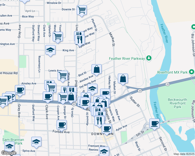 map of restaurants, bars, coffee shops, grocery stores, and more near 989 Plumas Street in Yuba City