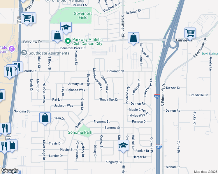 map of restaurants, bars, coffee shops, grocery stores, and more near 2501 Woodcrest Lane in Carson City