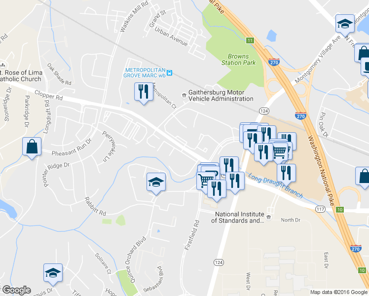map of restaurants, bars, coffee shops, grocery stores, and more near 11210 Game Preserve Road in Gaithersburg