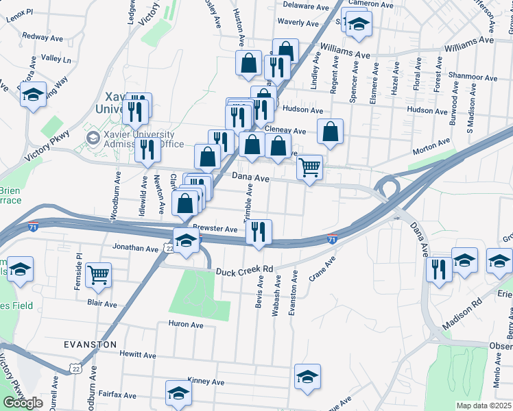 map of restaurants, bars, coffee shops, grocery stores, and more near 1927 Clarion Avenue in Cincinnati