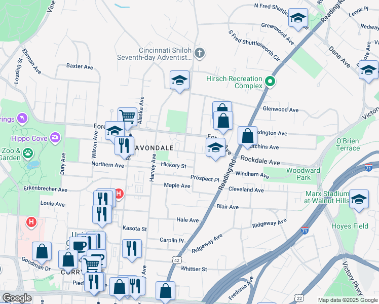 map of restaurants, bars, coffee shops, grocery stores, and more near 3473 Knott Street in Cincinnati