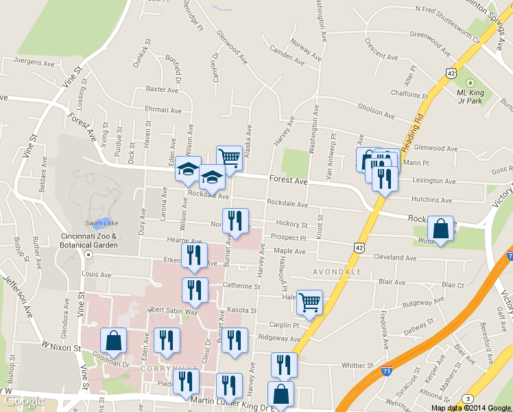 map of restaurants, bars, coffee shops, grocery stores, and more near 3475 Harvey Avenue in Cincinnati