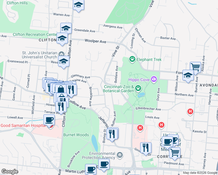 map of restaurants, bars, coffee shops, grocery stores, and more near 3400 Bishop Street in Cincinnati