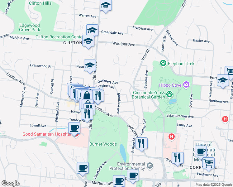 map of restaurants, bars, coffee shops, grocery stores, and more near 218 Hosea Avenue in Cincinnati
