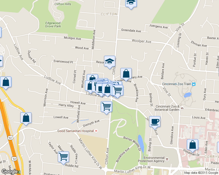 map of restaurants, bars, coffee shops, grocery stores, and more near 3410 Clifton Avenue in Cincinnati