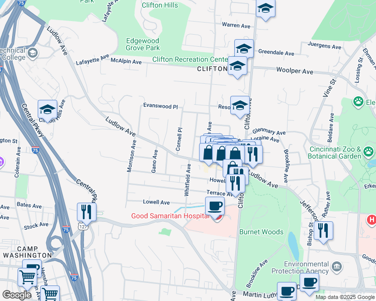map of restaurants, bars, coffee shops, grocery stores, and more near 423 Ludlow Avenue in Cincinnati