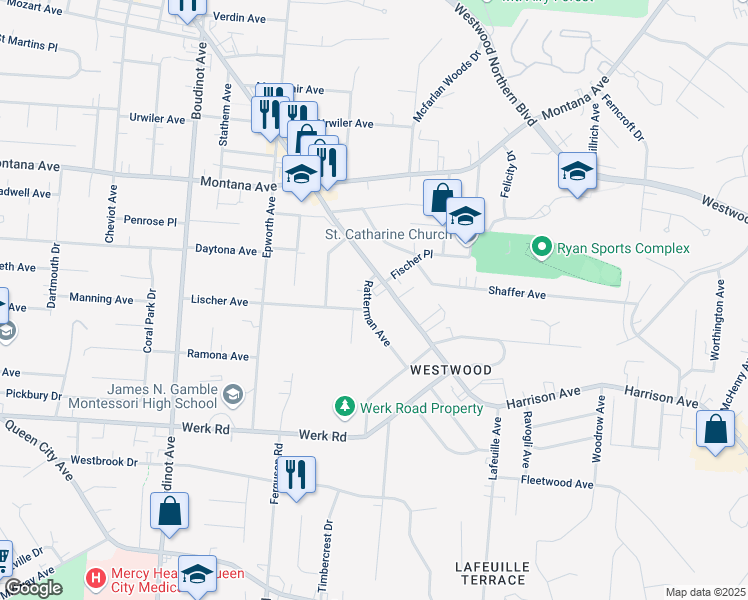 map of restaurants, bars, coffee shops, grocery stores, and more near 2880 Ratterman Avenue in Cincinnati
